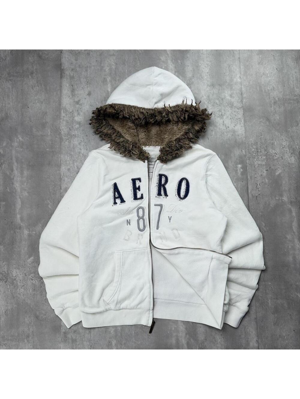 Y2K White Aeropostale Grunge Thermal Lined Faur Fur Zip Up Hoodie